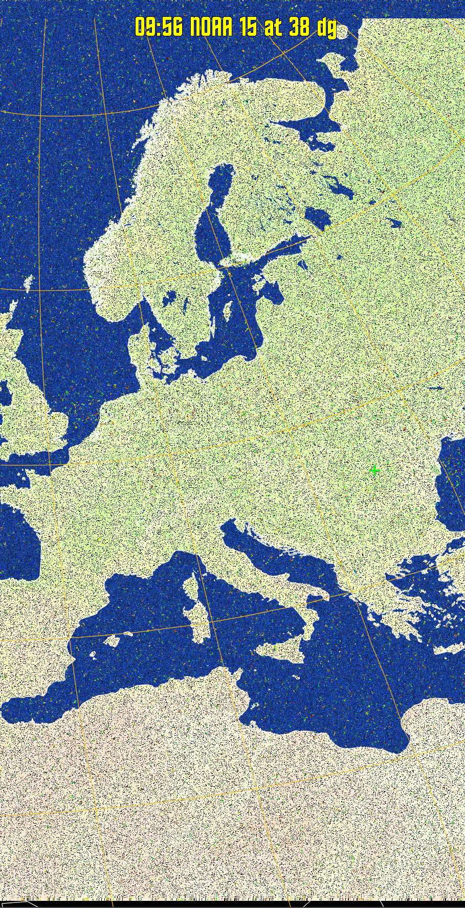 MCIR-precip: 
Colours the NOAA sensor 4 IR image using a map to colour the sea blue and land
green. High clouds appear white, lower clouds gray or land/sea coloured, clouds
generally appear lighter, but distinguishing between land/sea and low cloud may
be difficult. Darker colours indicate warmer regions.